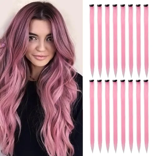 Miniatura 19 de 16 piezas de extensiones de cabello con clip de color púrpura, varios colores, para fiestas, clip en postizo sintético, para Halloween, cosplay