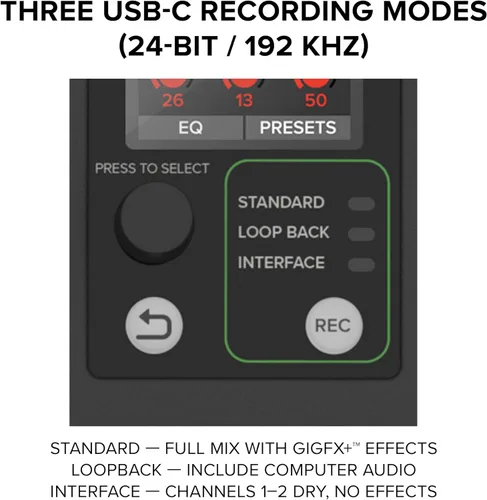Miniatura 6 de Mackie ProFX10 GO Mezclador de Audio Analógico de 10 Canales con Batería, Bluetooth, Modos de Grabación USB-C, Efectos GigFX+, Preamplificadores