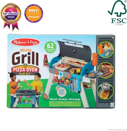 Miniatura 6 de Melissa & Doug Parrilla de barbacoa de madera de lujo, ahumador y horno de pizza, comida de juguete y accesorios de cocina para niños, juguetes