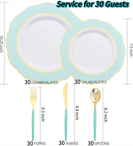 Miniatura 8 de WDF 30Guest - Platos de plástico verde menta y cubiertos desechables de plástico dorado con mango verde, vajilla barroca de plástico verde y dorado