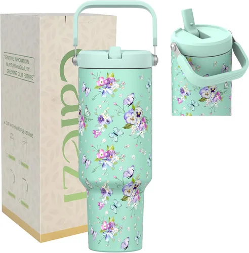 Miniatura 13 de Vaso de 30 onzas con tapa y pajita, vasos de acero inoxidable con aislamiento al vacío con pajita plegable y asa superior, botella de agua aislada