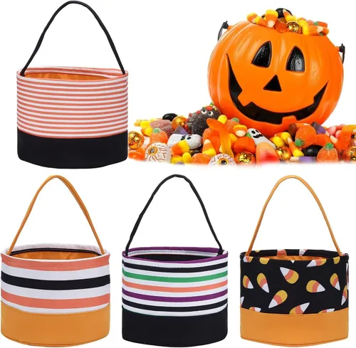 Miniatura 3 de Cesta de dulces de Halloween, bolsas de dulce o truco, cubos de dulces de Halloween, bolsas de regalo de tela, fiestas de Halloween (rayas naranjas)