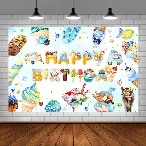 Miniatura 3 de AIBIIN Telón de fondo de cumpleaños de helado de 7 x 5 pies para niños y niños, helado de verano, decoraciones de fiesta de feliz cumpleaños, pastel