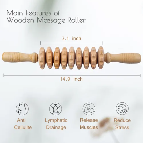 Miniatura 6 de Rodillo de masaje de madera para dar forma al cuerpo, rodillo de terapia de madera con 9 rodillos giratorios, herramienta de masaje anticelulítica