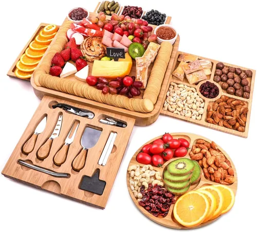 Miniatura 9 de Juego de regalo de tablas de charcutería, tabla de quesos de bambú y juego de cuchillos, bandeja de queso, juego de tablas magnéticas