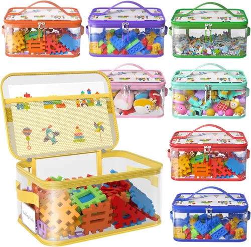 Paquete de 8 bolsas grandes de almacenamiento de juguetes con etiquetas, almacenamiento reutilizable de PVC transparente, organizador de juguetes