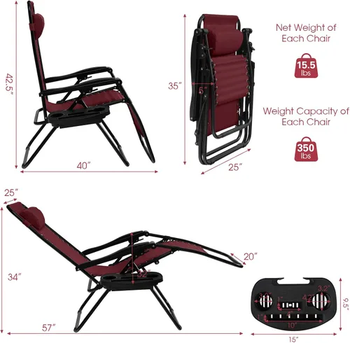 Miniatura 3 de Goplus Sillas de salón Zero Gravity, reclinables plegables ajustables en 160° con almohada y soporte para tazas, cómodas sillas de descanso de 350