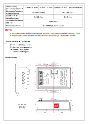 Miniatura 6 de Módulo de desconexión de bajo voltaje LVD. Bloque de terminales de montaje en panel ABS negro de 12 V/30 amperios