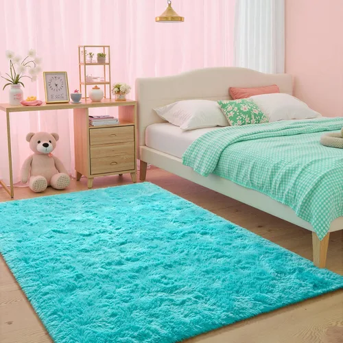 Miniatura 34 de JUNOVO - Alfombra de área lavable, antideslizante, alfombras ultra suaves de 4 x 5.3 pies, alfombras esponjosas para dormitorio, niños, niñas, Azul