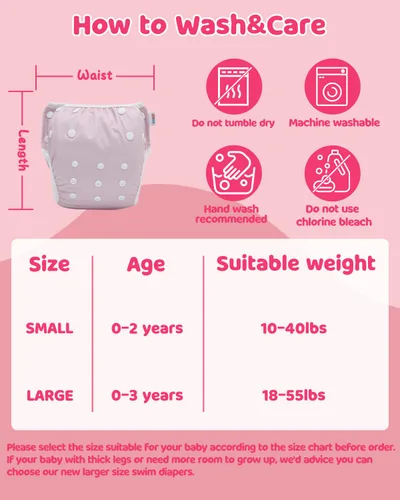 Miniatura 31 de Alva, Pañales de bebé para nadar, paquete de 2 unidades, talle único, reutilizable, lavable y ajustable de 0 a 36 meses. Tamaño de 10 a 40 lbs