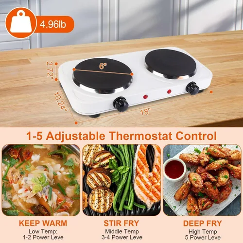 Miniatura 3 de TeqHome Placa caliente, placa de inducción portátil de 2000 W, quemador doble con control dual y control de temperatura de 5 niveles, fácil