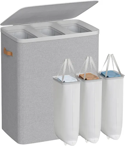 Miniatura 8 de SONGMICS Cesta de lavandería de 17.2 galones, fácil montaje, con tapa y asas, forro extraíble, 15.4 x 8.7 x 29.5 pulgadas, beige capuchino