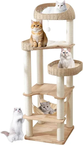 Árbol de madera para gatos de interior, torre para gatos de 62 pulgadas de alto con poste rascador para gatos grandes, condominio para gatos de