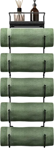 Sorbus Toallero de baño – Toallero de metal de 5 niveles con estante de madera para toallas de baño enrolladas, toallas de baño, ropa de cama,