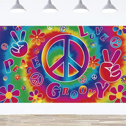Miniatura 7 de Cartel de fondo bohemio hippie retro arco iris, 71 x 44 pulgadas, decoración de fiesta de carnaval de los años 60, poliéster, múltiples ocasiones
