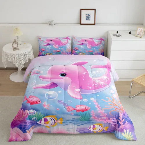 Miniatura 25 de Erosebridal Juego de edredón de ballena náutica, tamaño individual, juego de ropa de cama vintage azul con ondas oceánicas para niños y niñas