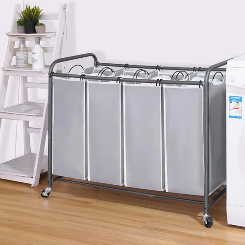 Miniatura 7 de STO STO Cesta clasificadora de ropa de 4 secciones, 4 bolsas, cesta de lavandería con ruedas resistentes con cerradura y bolsa extraíble para Gris