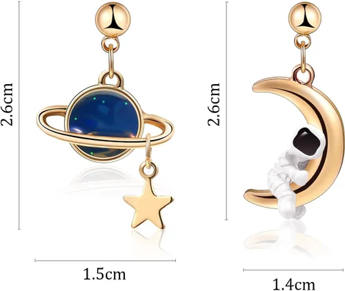 Miniatura 2 de 4 pares de aretes de astronauta asimétricos de astronauta, estrella y luna, aretes colgantes para mujer