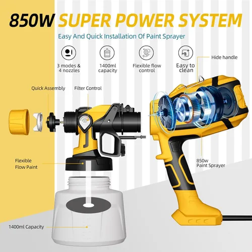 Miniatura 2 de Pulverizador de pintura, pistola de pulverización HVLP de 850 W con recipiente desmontable de 47.3 fl oz, pulverizadores de pintura eléctricos con 4