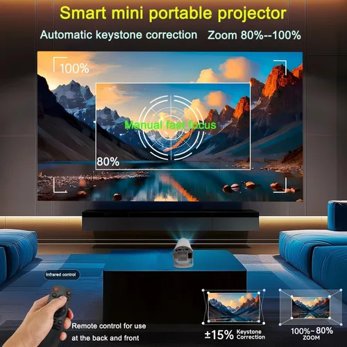 Miniatura 5 de Proyector HY300 con WIFI6 y Bluetooth, soporte 4K 1080P con Android TV 11.0, mini proyector portátil giratorio 180°, proyector de película auto