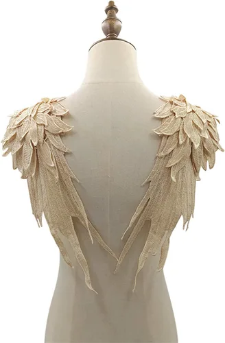 Alas de ángel apliques de encaje 3D Guipure apliques para coser en vestido de novia Insignia de hombro, 1 par de espejos (beige)