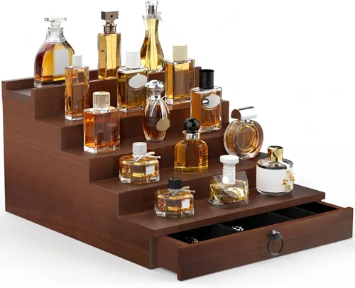 Miniatura 11 de Organizador de colonia upcessory para hombres, organizador de perfume de madera negra de 4 niveles con cajón forrado de fieltro y compartimento