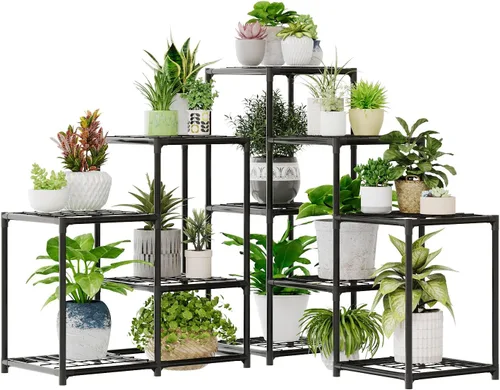 Bamworld Soporte de esquina para plantas de interior, estante de metal para plantas de 5 niveles, 11 estantes de flores en maceta, estante negro