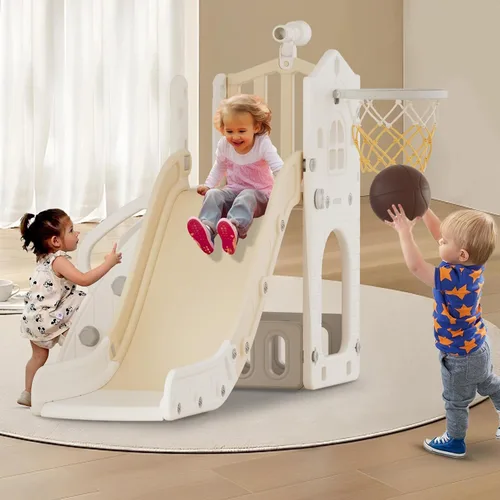 Miniatura 7 de XJD Tobogán 5 en 1 para niños pequeños de 1 a 3 años, juego para interiores y exteriores con aro de baloncesto y pelota, espacio de almacenamiento