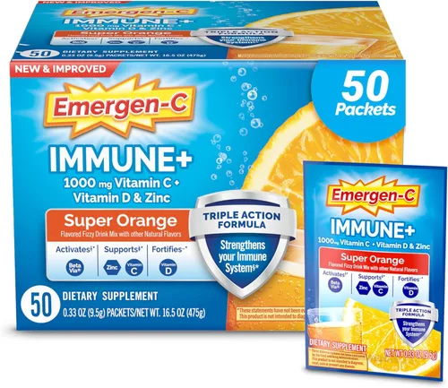 Emergen-C Immune+ Polvo de apoyo inmunológico de triple acción, BetaVia (R), 1000 mg de vitamina C, vitaminas B, vitamina D y antioxidantes, súper