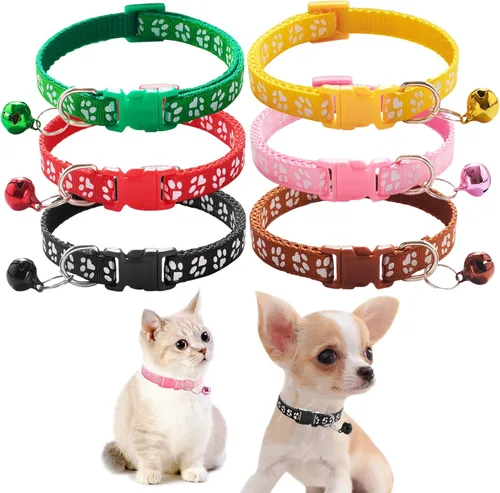 Jecikelon 6 collares ajustables para cachorros, collar de poliéster para gatos con campana, collar básico para perros pequeños (S, pata 1)