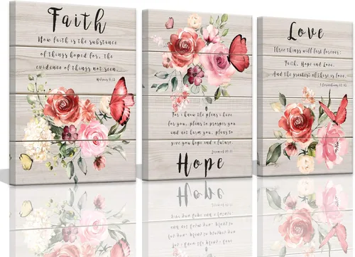 Arte de pared para dormitorio, fotos de pared de mariposas, pinturas florales, citas de fe, esperanza, amor, arte de pared inspirador, acuarela, Rosa