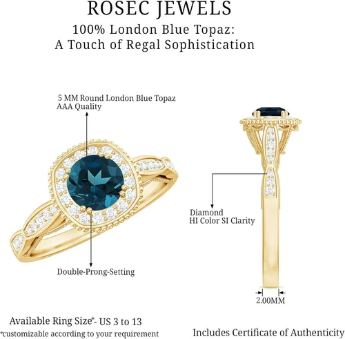 Miniatura 15 de Anillo de compromiso con halo de diamantes de topacio azul londinense certificado, calidad AAA, anillo de diamantes de topacio azul natural
