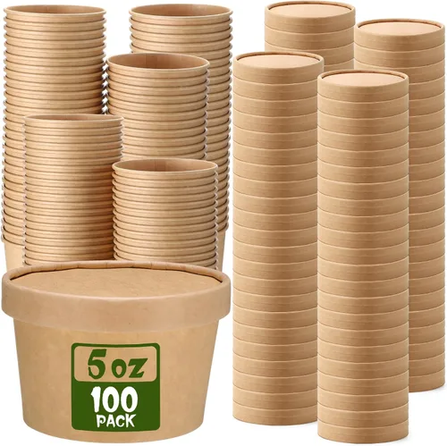 Miniatura 12 de Fulmoon Paquete de 100 recipientes de papel para sopa con tapas, recipientes de papel desechables para alimentos con tapa ventilada, tazas de postre
