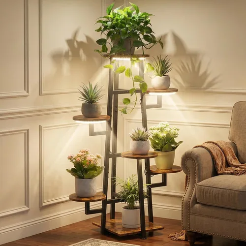 Soporte para plantas de 7 niveles para interiores con luz de cultivo para múltiples plantas | Corner Flower Stand, Vintage Multi-Layer Design,