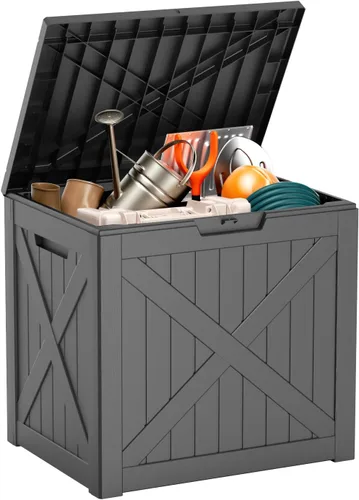Miniatura 26 de EasyUp Caja de almacenamiento al aire libre de 30 galones, caja de resina para muebles, herramientas de jardín, cajas de almacenamiento exteriores