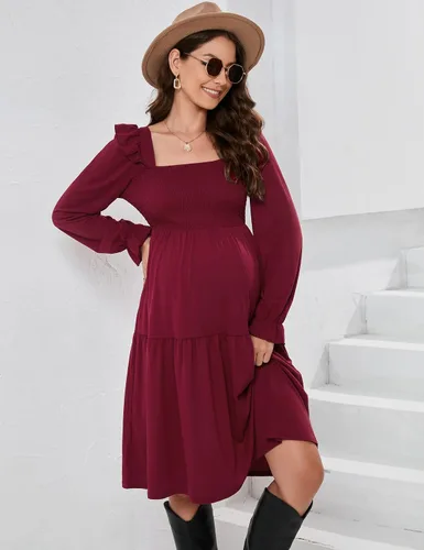 Miniatura 2 de KOJOOIN Vestido de maternidad para mujer, sin mangas, cuello cuadrado, volantes, casual, bohemio, vestido midi para baby shower, sesión de fotos