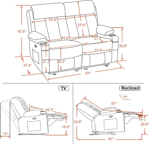Miniatura 2 de MCombo Sofá de dos plazas reclinable eléctrico con calor y masaje, sofá reclinable para sala de estar, piel sintética 6075 (negro)