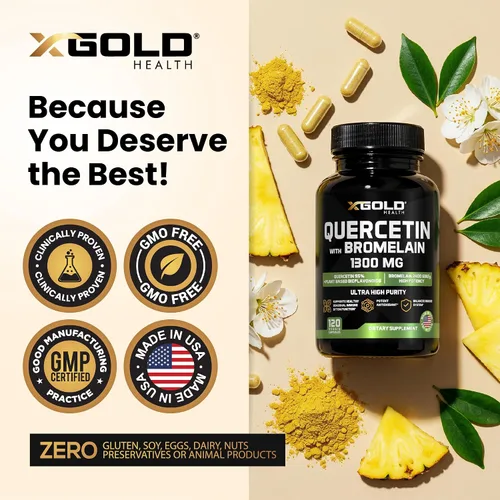Miniatura 5 de Quercetina + Bromelina 1,300 mg Quercetina: 95% - Altamente purificada y altamente biodisponible más bromelina 2,400 GDU/g - Hecho en Estados Unidos