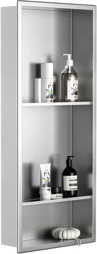 Miniatura 21 de Nicho de ducha de acero inoxidable de 24 x 12 pulgadas, cepillado, no necesita azulejos, nicho de pared con estantes dobles, estante de ducha
