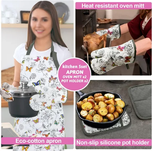 Miniatura 2 de Alselo Manoplas de horno y soportes para ollas con delantal Chaf, juego de 5 guantes de cocina resistentes al calor y agarraderas antideslizantes
