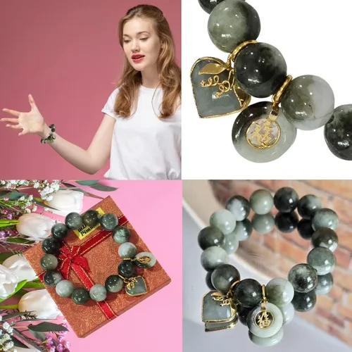 Miniatura 2 de Pulsera de jade tailandés de 0.55 pulgadas – Cuentas redondas a rayas verdes naturales Pulsera elástica de energía curativa con dije de corazón