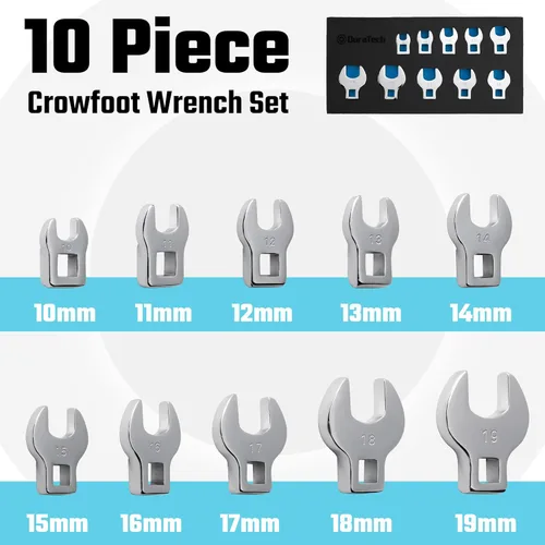 Miniatura 2 de Duratech Juego de 10 piezas de llaves Crowfoot de 3/8 pulgadas, juego de llaves de extremo abierto, métricas, 10-19mm, acero CR-V, con organizador