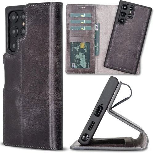 Miniatura 11 de Bayelon Funda compatible con Galaxy S22, cartera de cuero de grano completo para teléfono, funda desmontable con soporte, funda magnética abatible