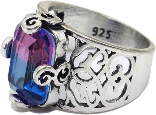 Ai.Moichien Anillo de topacio arcoíris con corte esmeralda, vintage, de banda ancha, ahueca hacia fuera para boda, compromiso, antiguo, regalo para