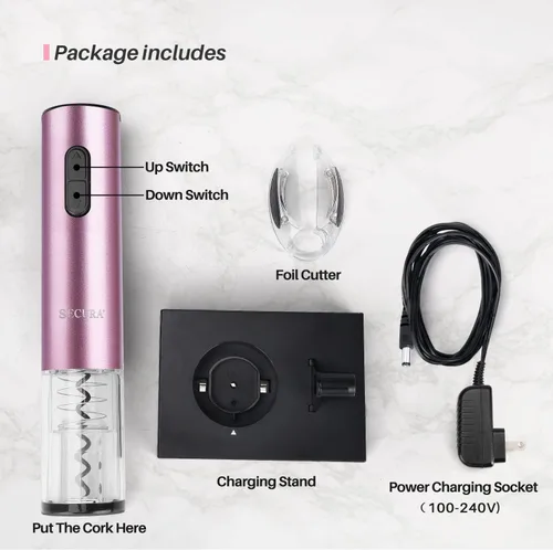 Miniatura 7 de Secura Abridor de vino eléctrico, sacacorchos eléctrico automático de botellas de vino con cortador de papel de aluminio, recargable (oro rosa)