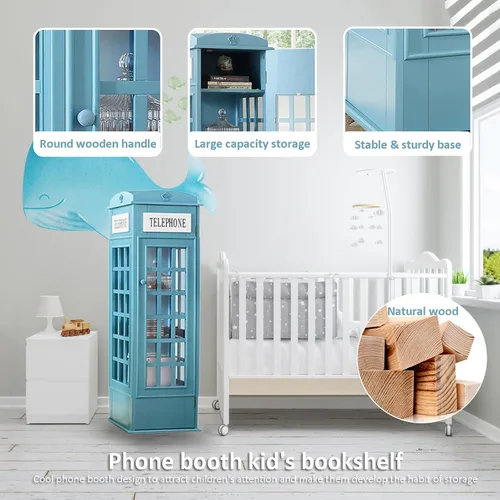 Miniatura 7 de Estantería de madera de 5 niveles con forma de cabina telefónica, bonita estantería de pie para niños y adultos, estante de almacenamiento de madera