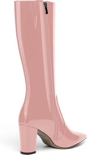 Miniatura 26 de AMBELIGHT Botas altas hasta la rodilla con cremallera y puntera puntiaguda para mujer, de patente sólida, tacón alto, 3.3 pulgadas