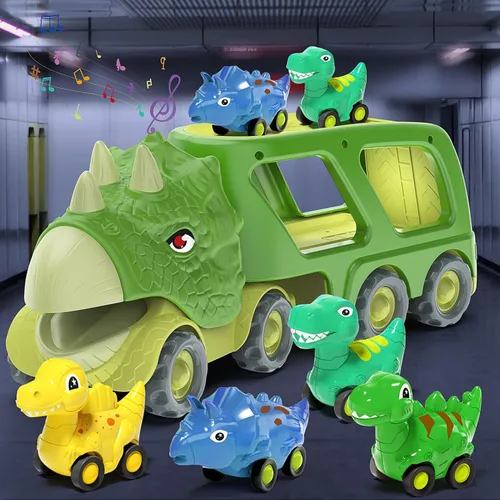 Miniatura 7 de Juguetes de dinosaurio para niños de 2 a 4 años, camión transportador de automóvil de dinosaurio con 4 autos de dinosaurio de tracción hacia atrás