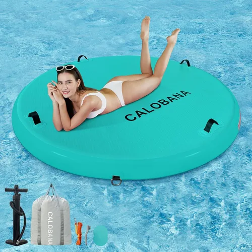 Miniatura 20 de CALOBANA Hamaca de agua inflable redonda flotante, flota lago isla balsa plataforma de muelle inflable para adultos, piscina, río, fiesta