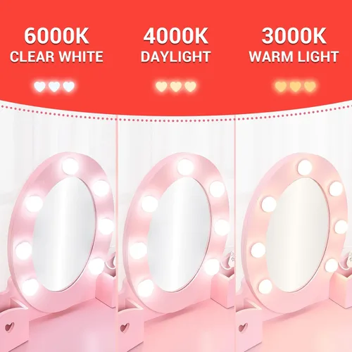 Miniatura 2 de GarveeHome Juego de tocador para niños con espejo iluminado, mesa de tocador y silla para niños, juego de maquillaje para niñas, rosa